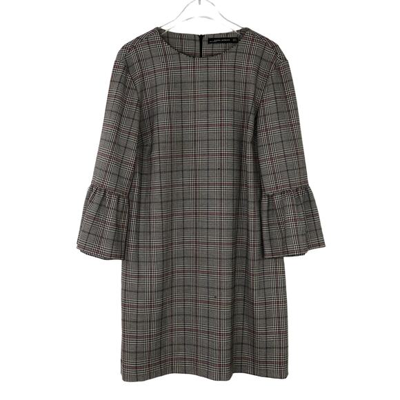 Zara Black & White Glen Check Plaid Long Sleeve Bell Sleeve Dress Medium - Picture 4 of 8